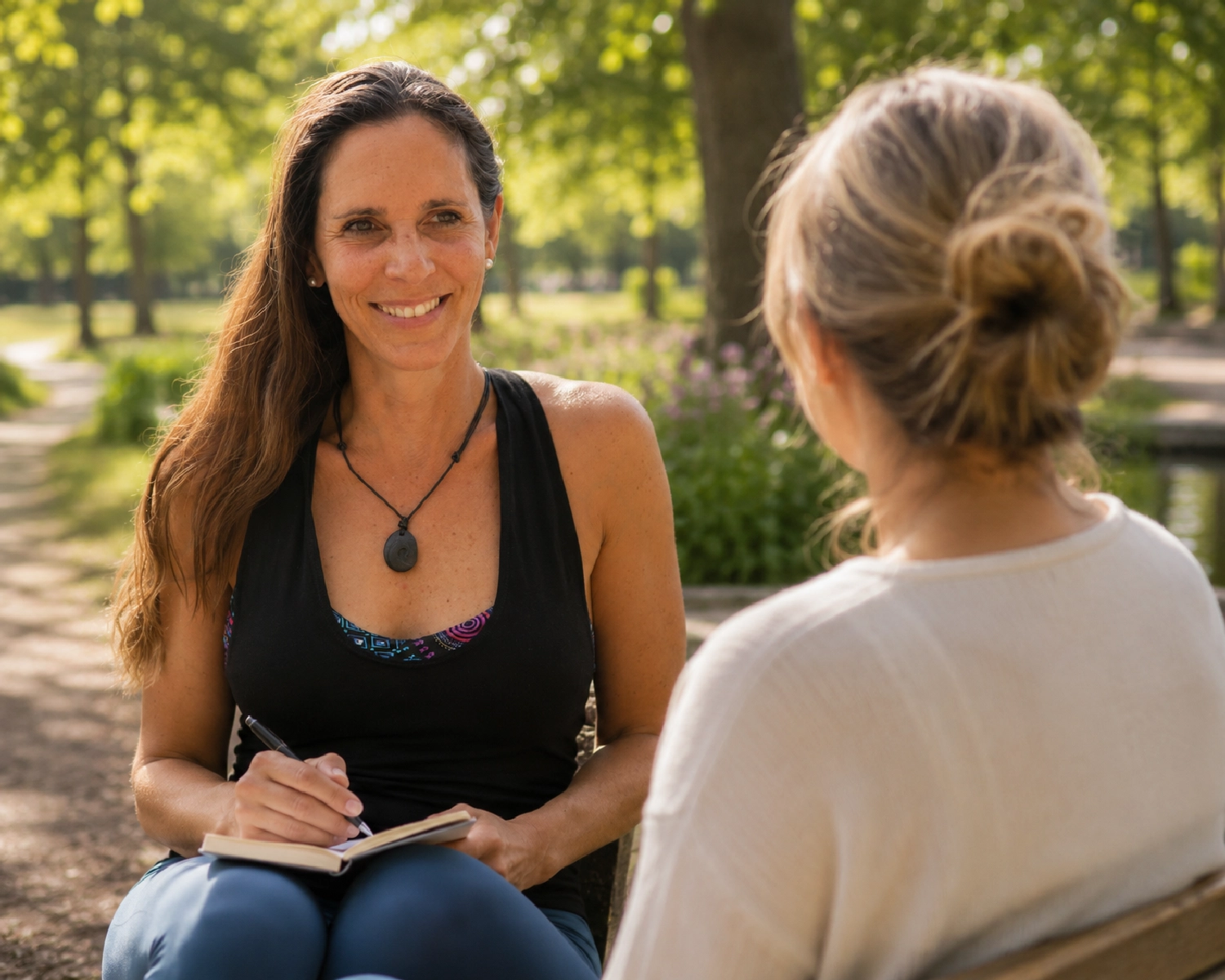 Körperglück - Ganzheitliches Coaching - Melanie Tressel macht sich Notizen in einem kleinen Notizbuch, während sie sich draußen mit einer blonden Frau unterhält.