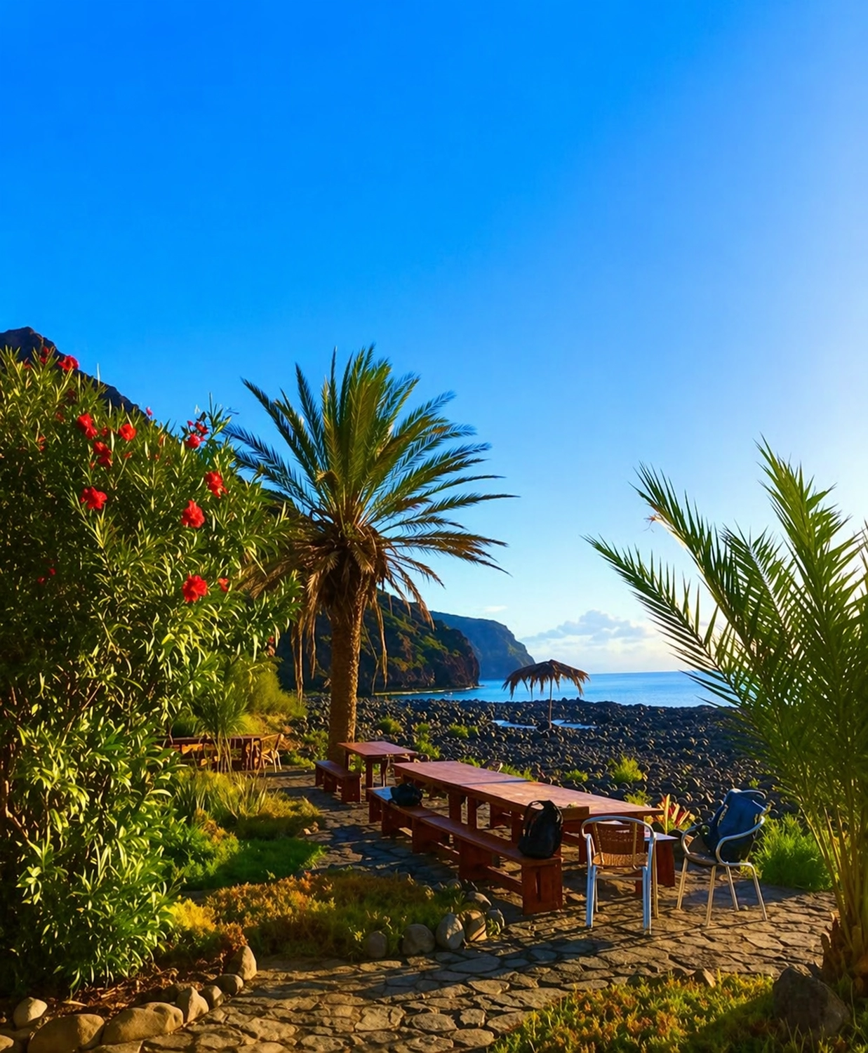 Körperglück - Massagetherapie und Beckenbodentraining - Holztische, Stühle und Palmen auf einer Steinterrasse mit Blick auf einen schwarzen Kieselstrand und ferne Meeresklippen unter strahlend blauem Himmel.
